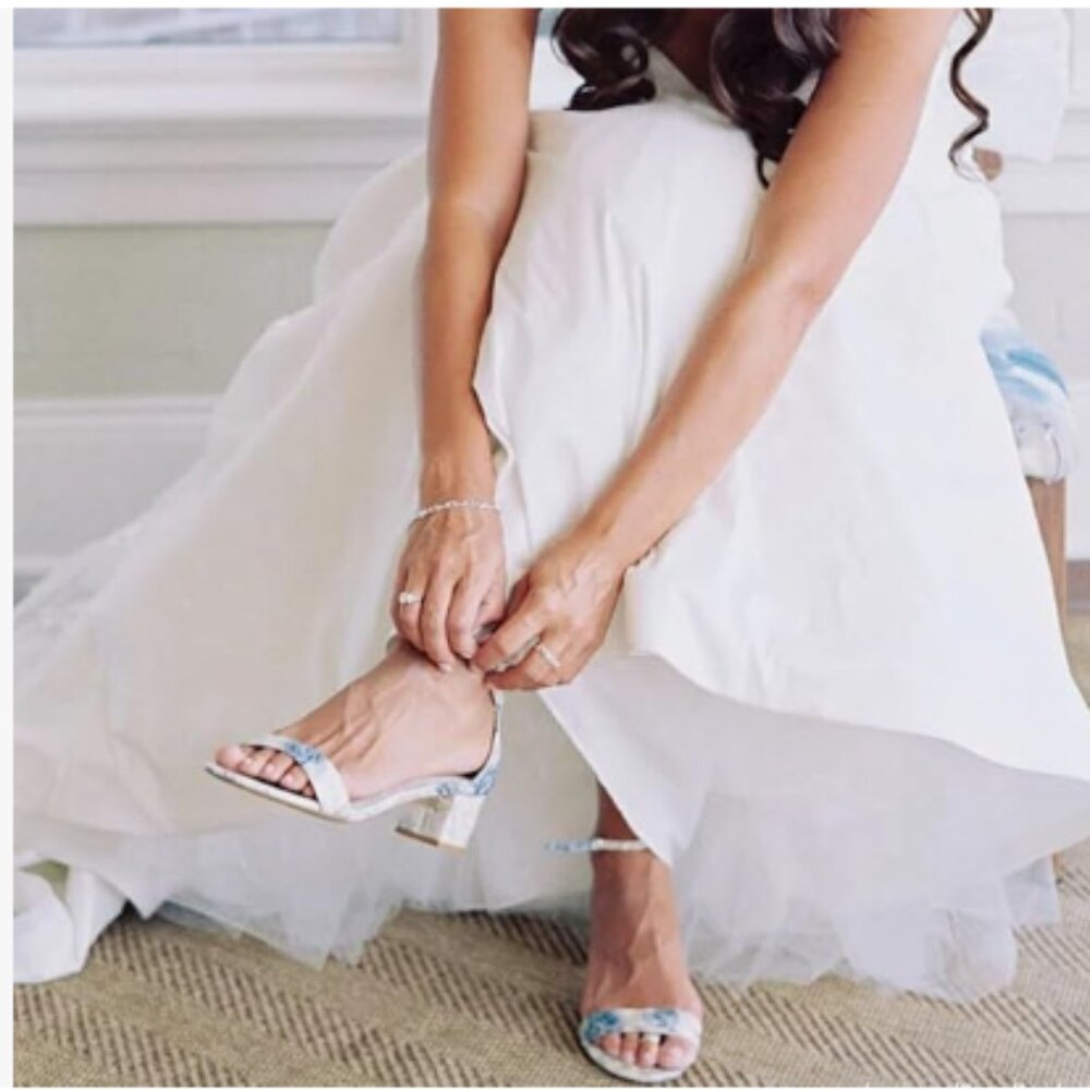 XYD Blue Floral Open Toe Low Heel Chunky Block Sandals Buckled Ankle Strap Shoes